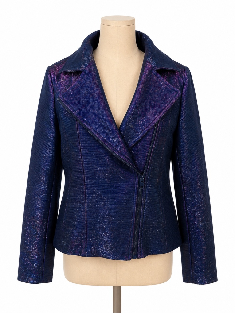 Uterqüe Navy Metallic Moto Jacket Medium Shimmer Iridescent Statement Blazer